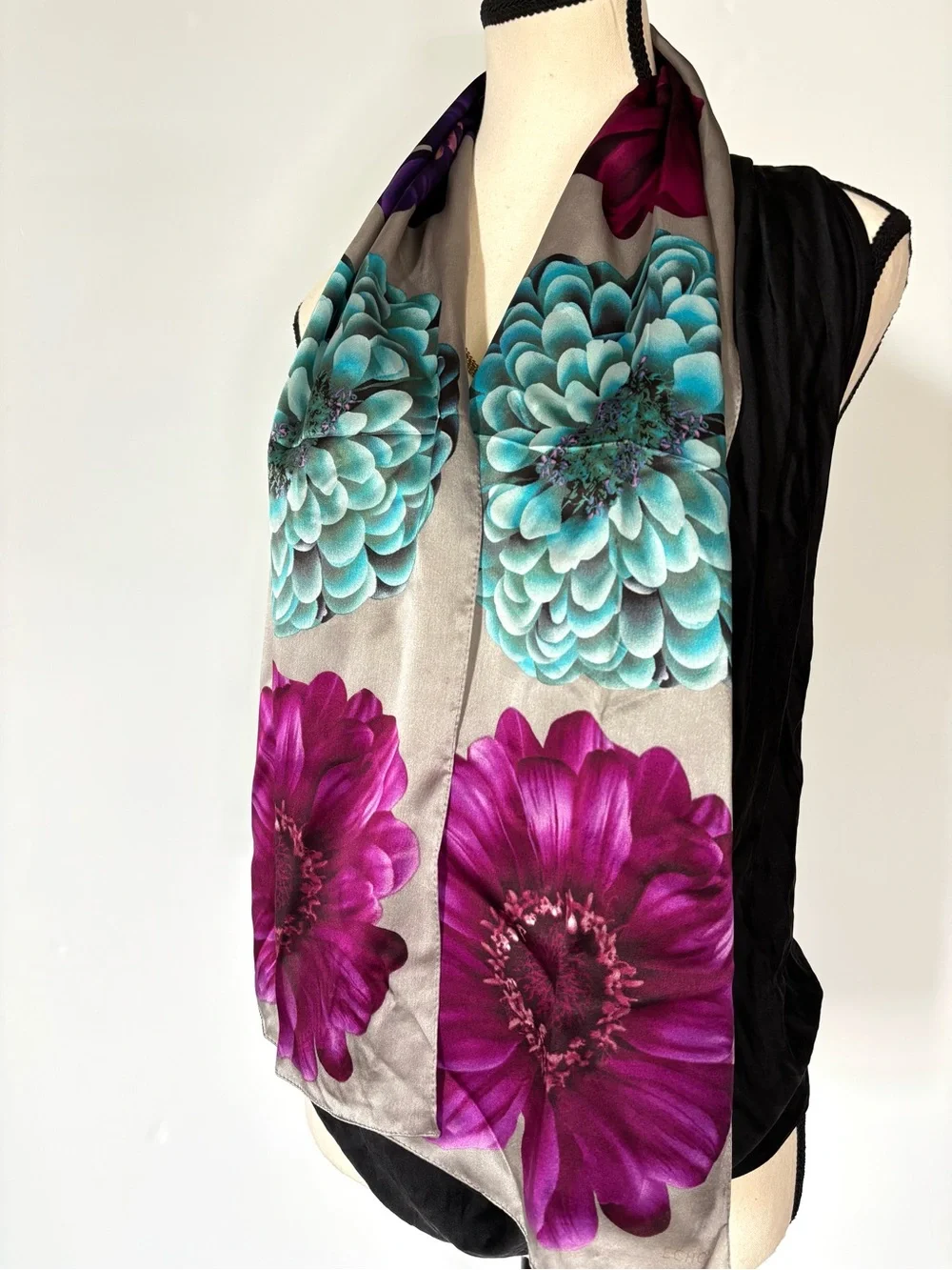 Vintage Echo Silk Scarf Silver Grey w Magenta, Teal & Purple‎ Floral Accents